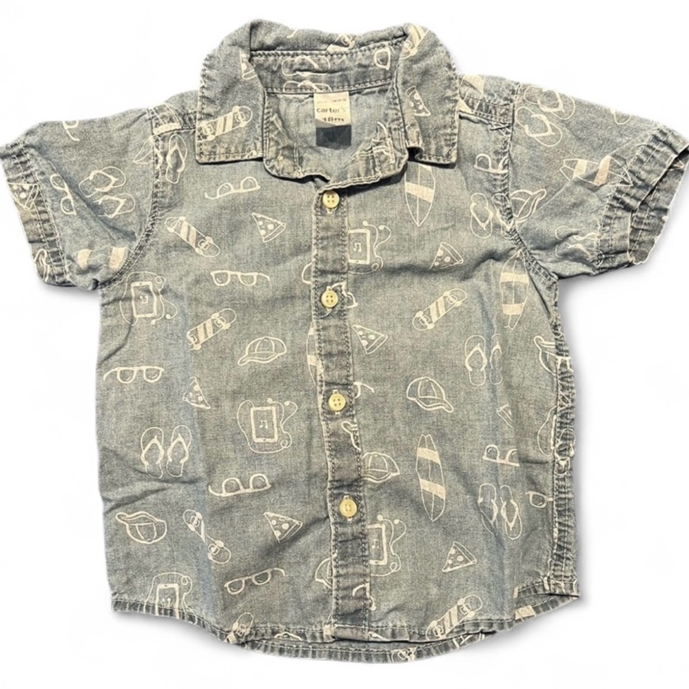 EUC Carter's Blue Denim Whimsical Patterned Button / Collared Tee (18 months)